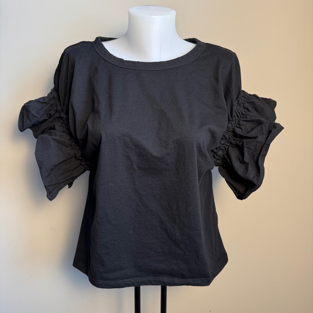 H&M Black T-Shirt Top Ruffled Split Oversized Sleeve Women's Size Medium